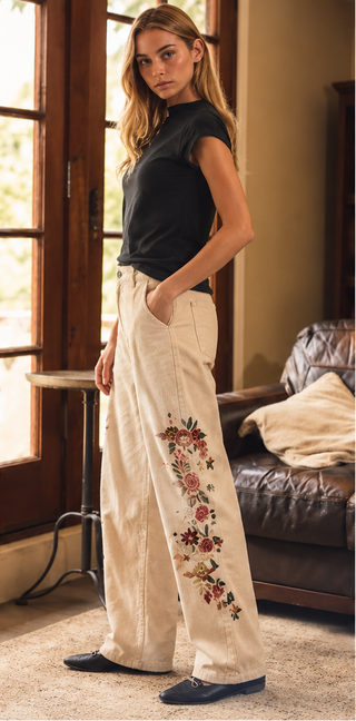 Oddi - Floral Embroidery Pants - Ivory