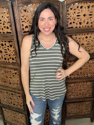 Zenana White Striped Tank Top 2322ABS- Dark Green