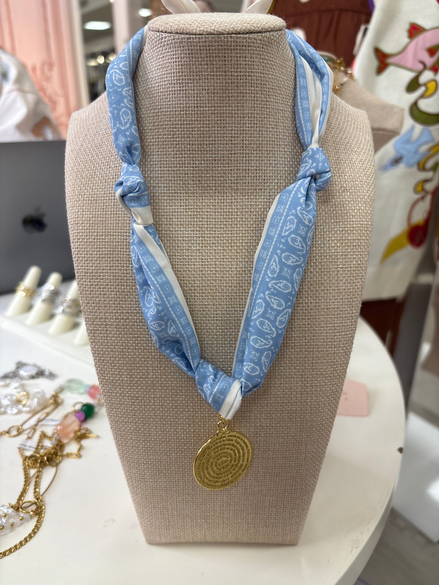 Treasure Jewels Blue/White Scarf With Lords Prayer