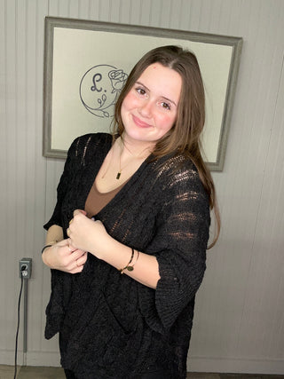 Pol Open-Knit Boho Cardigan with Relaxed Fit Black