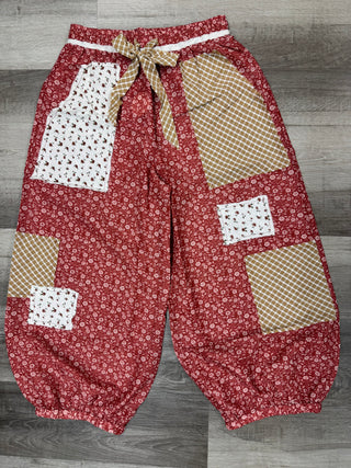 Oddi - Floral Patchwork Printed Balloon Pants-Chili Pepper