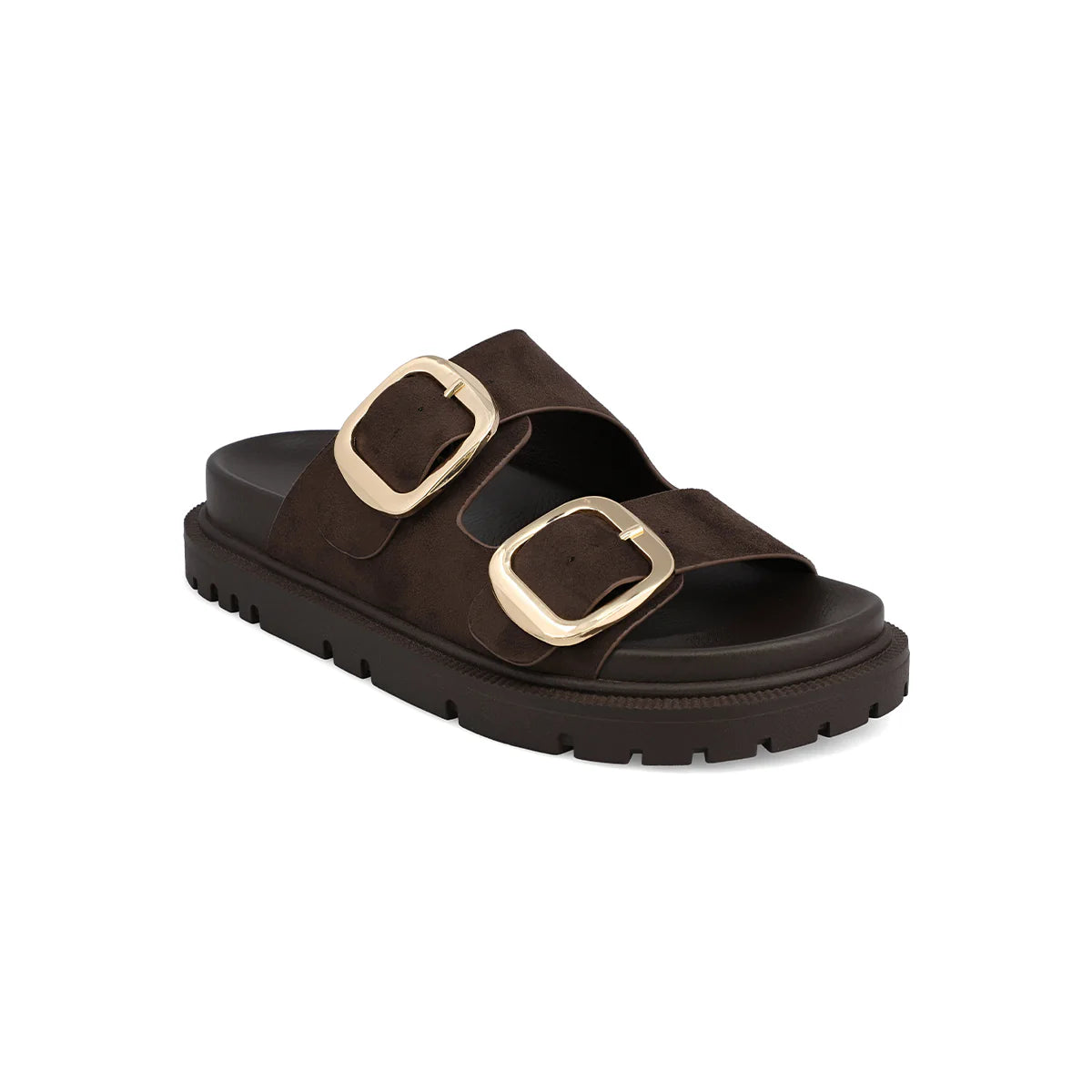 MIA Shoes GEN Chocolate Slide – Women’s Brown Sandal with Gold Buckles