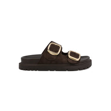 Load image into Gallery viewer, MIA Shoes GEN Chocolate Slide – Women’s Brown Sandal with Gold Buckles
