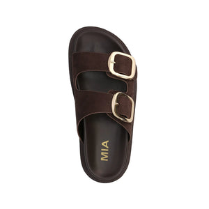 MIA Shoes GEN Chocolate Slide – Women’s Brown Sandal with Gold Buckles