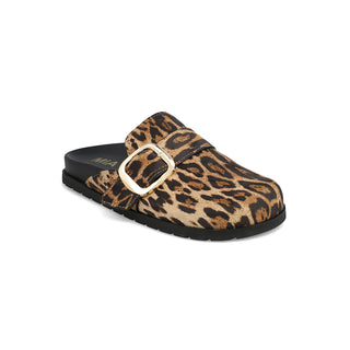 MIA Shoes Gilia Mule – Leopard Print Slip-On Flat with Gold Buckle