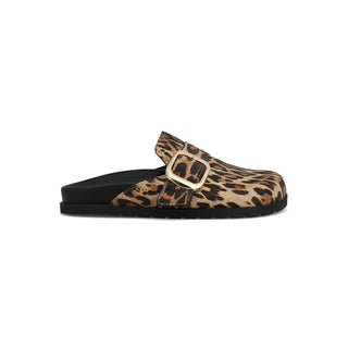 MIA Shoes Gilia Mule – Leopard Print Slip-On Flat with Gold Buckle