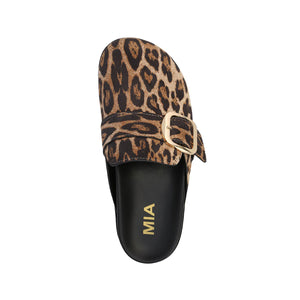 MIA Shoes Gilia Mule – Leopard Print Slip-On Flat with Gold Buckle