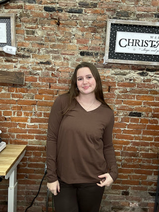 Zenana Long Sleeve V-Neck Essential Top - Brown