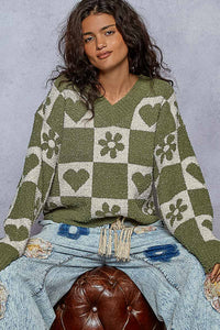 POL V Neck Flower Print And Distress Point Sweater
