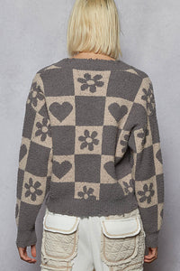 POL V Neck Flower Print And Distress Point Sweater