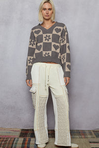 POL V Neck Flower Print And Distress Point Sweater