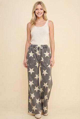 Heimish - Printed Wide Leg Denim Pants - Charcoal
