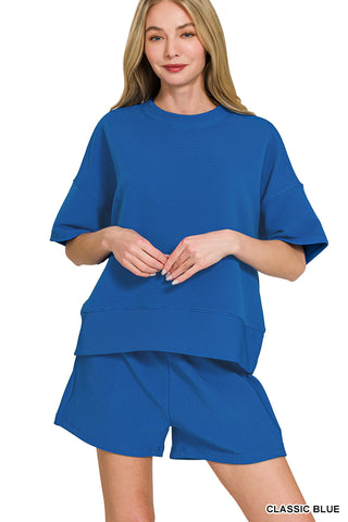 Zenana - Ribbed round neck waist banded tee & shorts set - Classic Blue