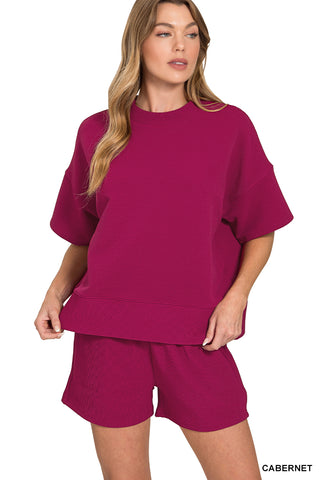 Zenana - Ribbed round neck waist banded tee & shorts set - Cabernet