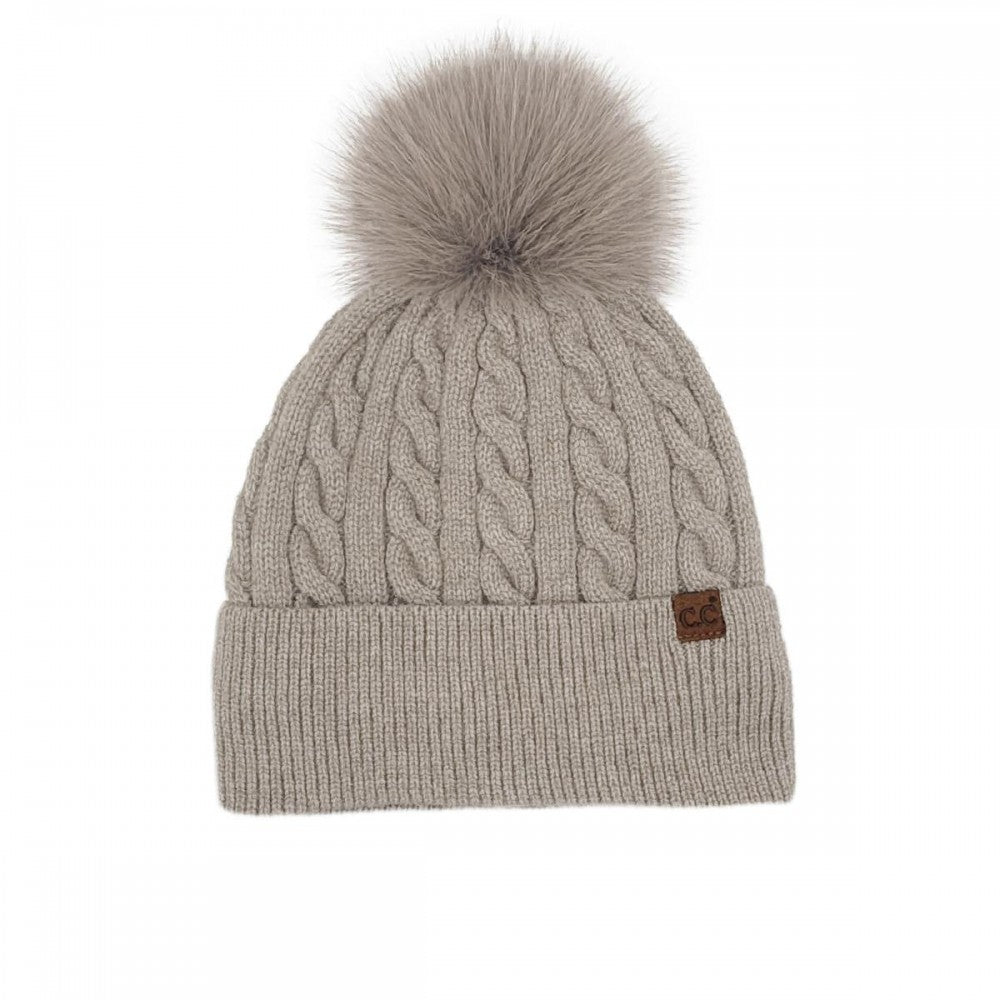 CC Cable Knit Pattern Pom Beanie – Classic Winter Hat with Pom