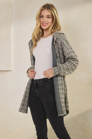 Final Heimish Long Puff Sleeve Checker Boucle Fabric Button Down Cardigan