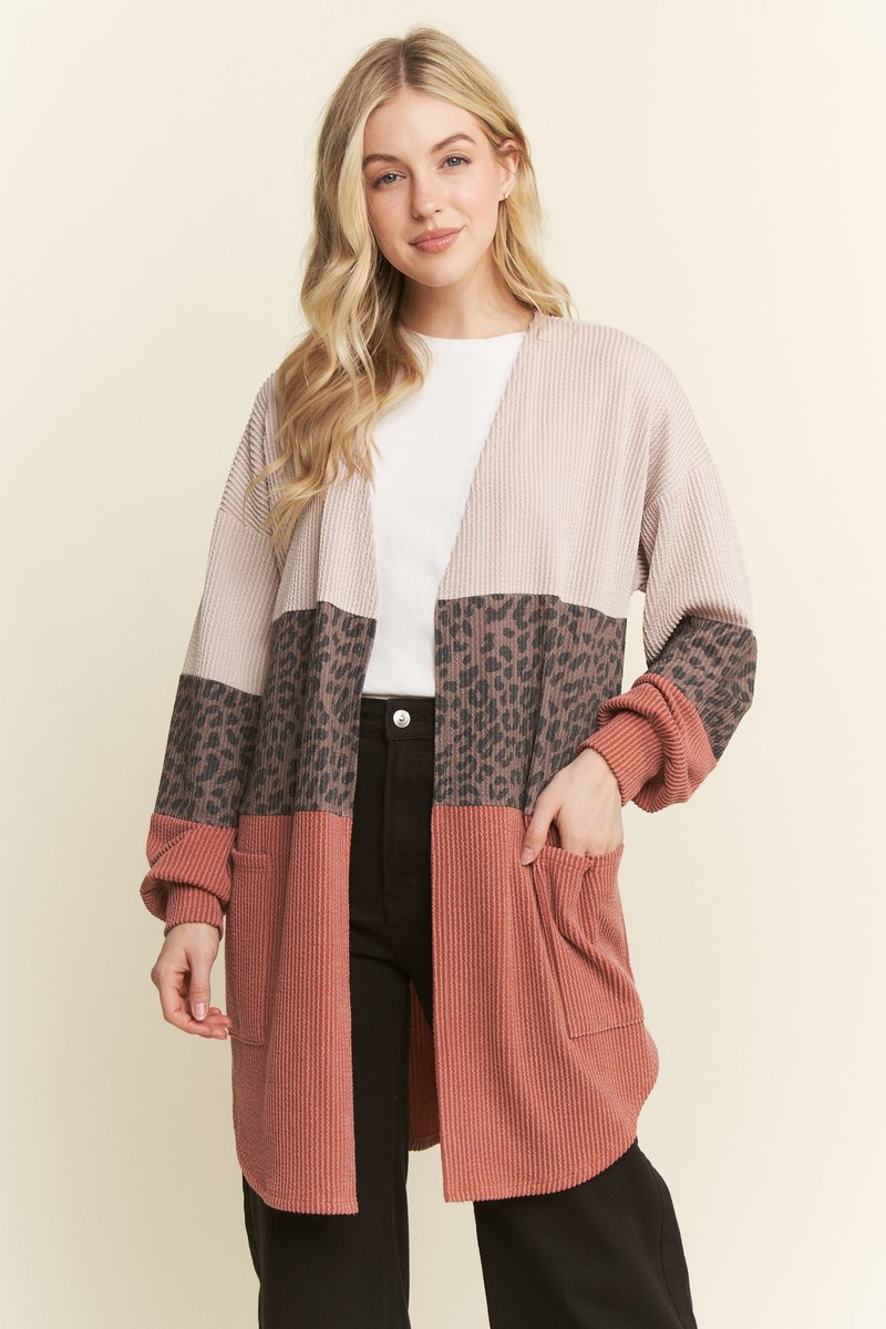 Heimish Long Sleeve Colorblock Animal Print Ribbed Open Cardigan