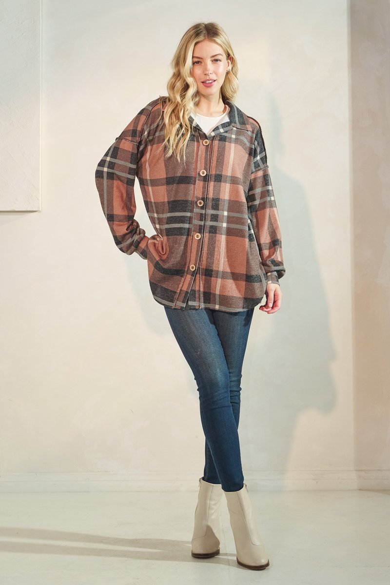 Heimish Long Puff Sleeve Multi Plaid Button Down Top