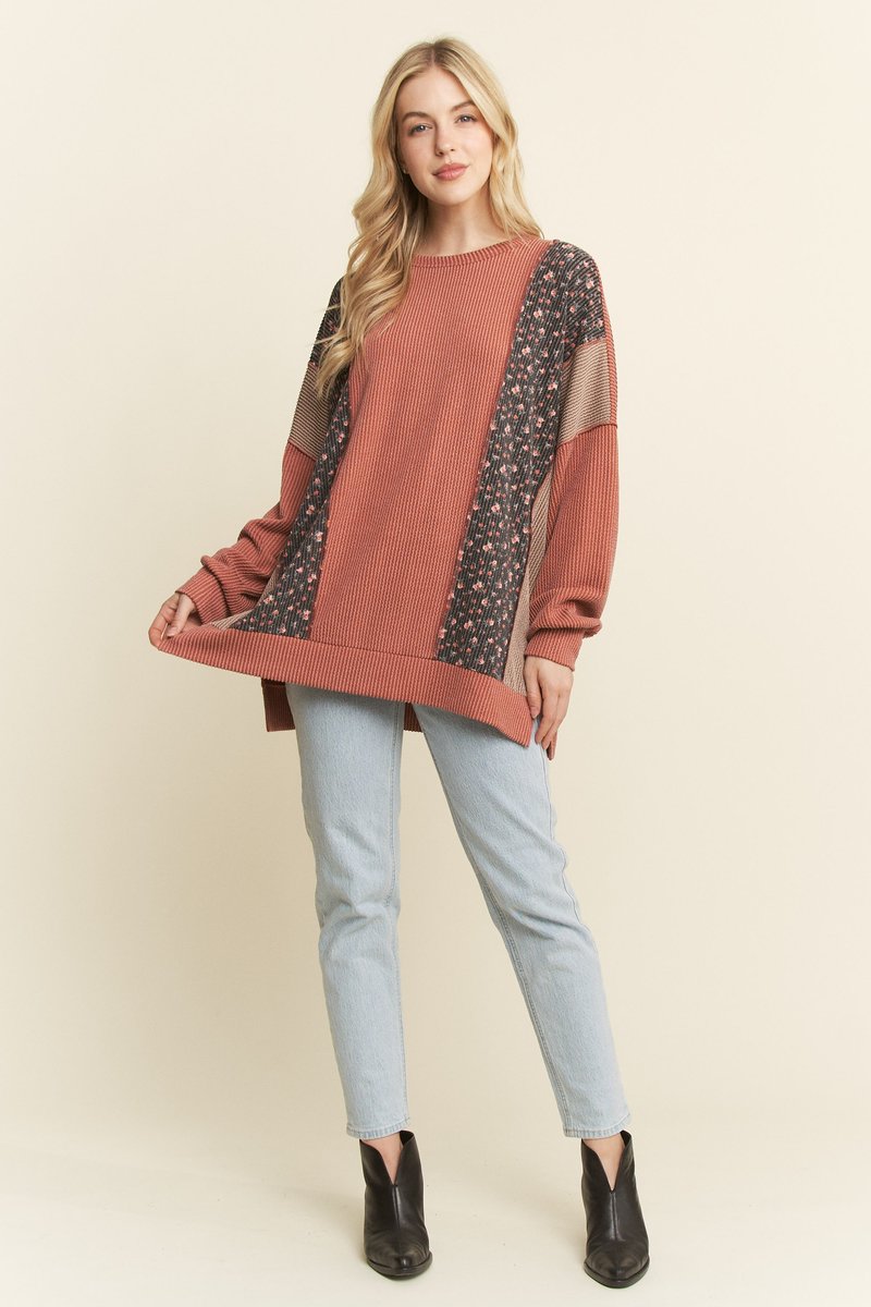 Heimish Long Sleeve Solid And Floral Urban Rib Contrast Top