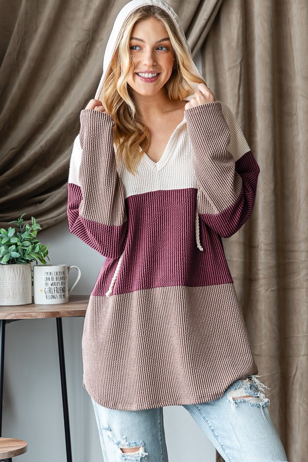 Heimish V Neck Ribbed Long Sleeve Color-block Hoodie