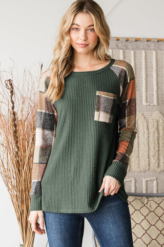 Heimish Long Sleeve Waffle And Plaid Sleeve Contrast Top
