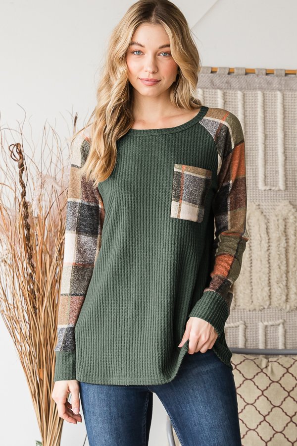 Heimish Long Sleeve Waffle And Plaid Sleeve Contrast Top