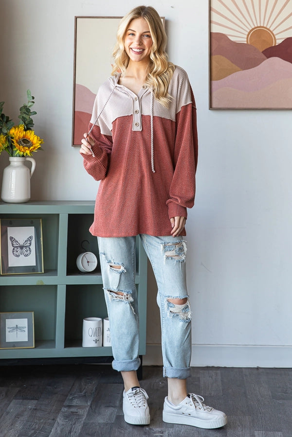 Heimish Urban Ribbed Contrast Hoodie with Button