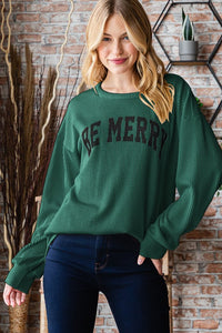 Heimish Long Puff Sleeve “Be Merry” Graphic Ribbed Top