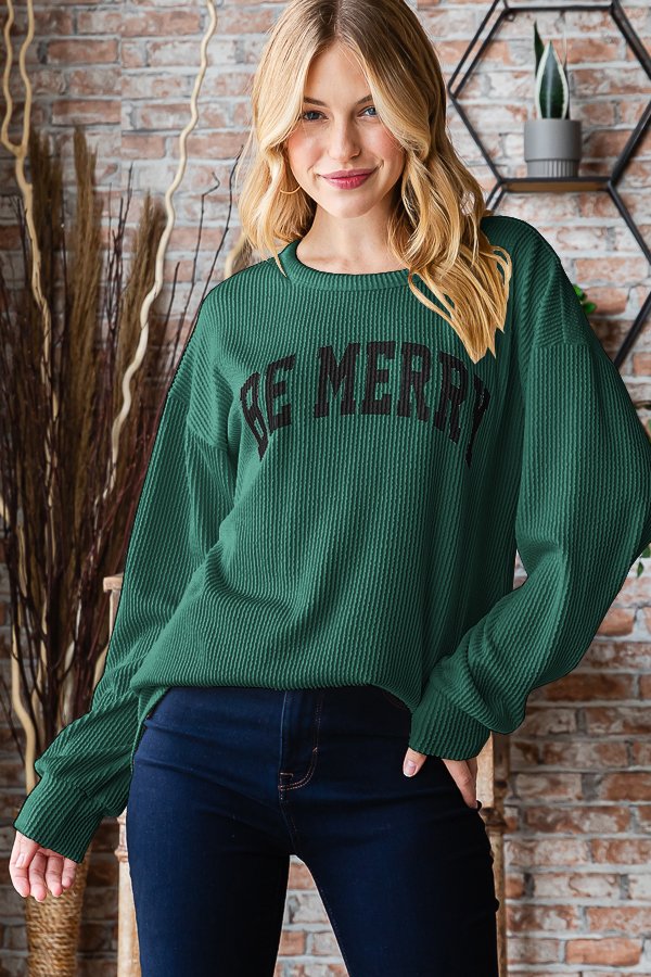 Heimish Long Puff Sleeve “Be Merry” Graphic Ribbed Top