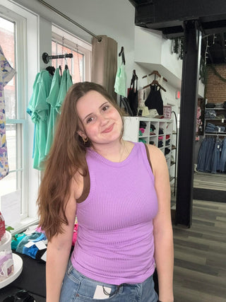 Zenana- Soft Ribbed Tight Crew Neck Tank Top  - B Lavender