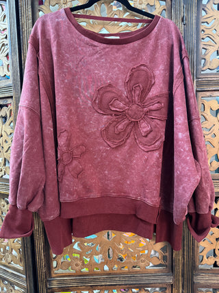 Heimish - Floral Applique Puff Sleeve Sweatshirt - Burgundy