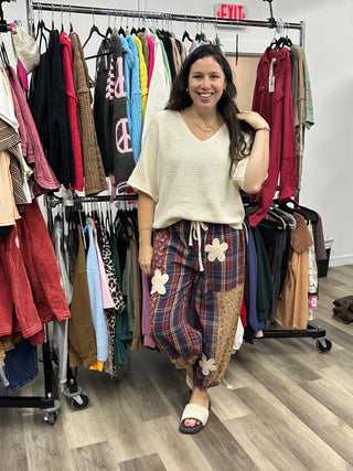 Easel - Plaid And Floral Printed Mix Washed Pants - Wine