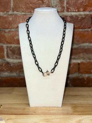 Black Paperclip Chain Necklace with Crystal Carabiner Clasp