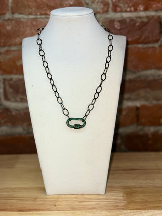 Black Chain Link Necklace with Green Crystal Carabiner Pendant