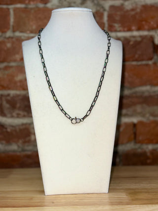 Gunmetal Paperclip Chain Necklace with Crystal Clasp Accent