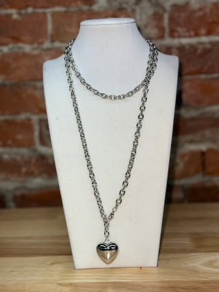 Silver Layered Heart Pendant Chain Necklace