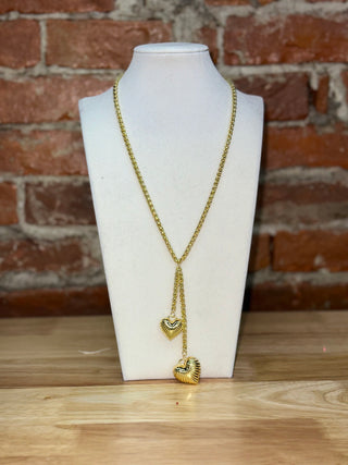 Gold Double Heart Lariat Necklace