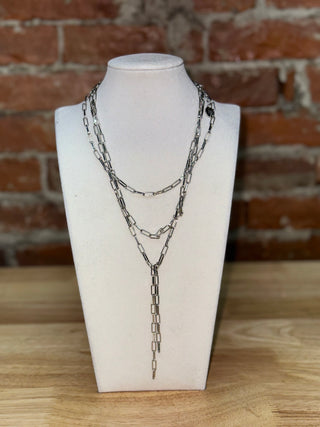 Layered Gunmetal Paperclip Chain Lariat Necklace