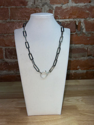 Silver Paperclip Chain Necklace with Crystal Toggle Clasp