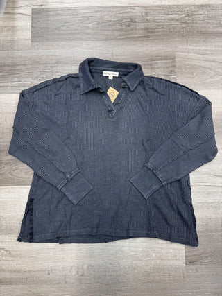 Black long sleeve shirt with a textured knit fabric and polo collar.