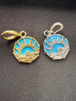 Turquoise Sunburst Crystal Charm Pendant - Gold/Silver