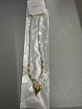 Gold Puffy Heart Pearl Necklace