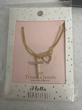 Crystal Cross & Heart Layered Necklace