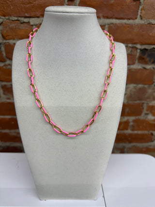 Pink Enamel Paperclip Chain Necklace