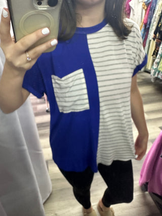 Easel Color Block Striped Pocket Top