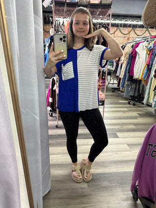 Easel Color Block Striped Pocket Top