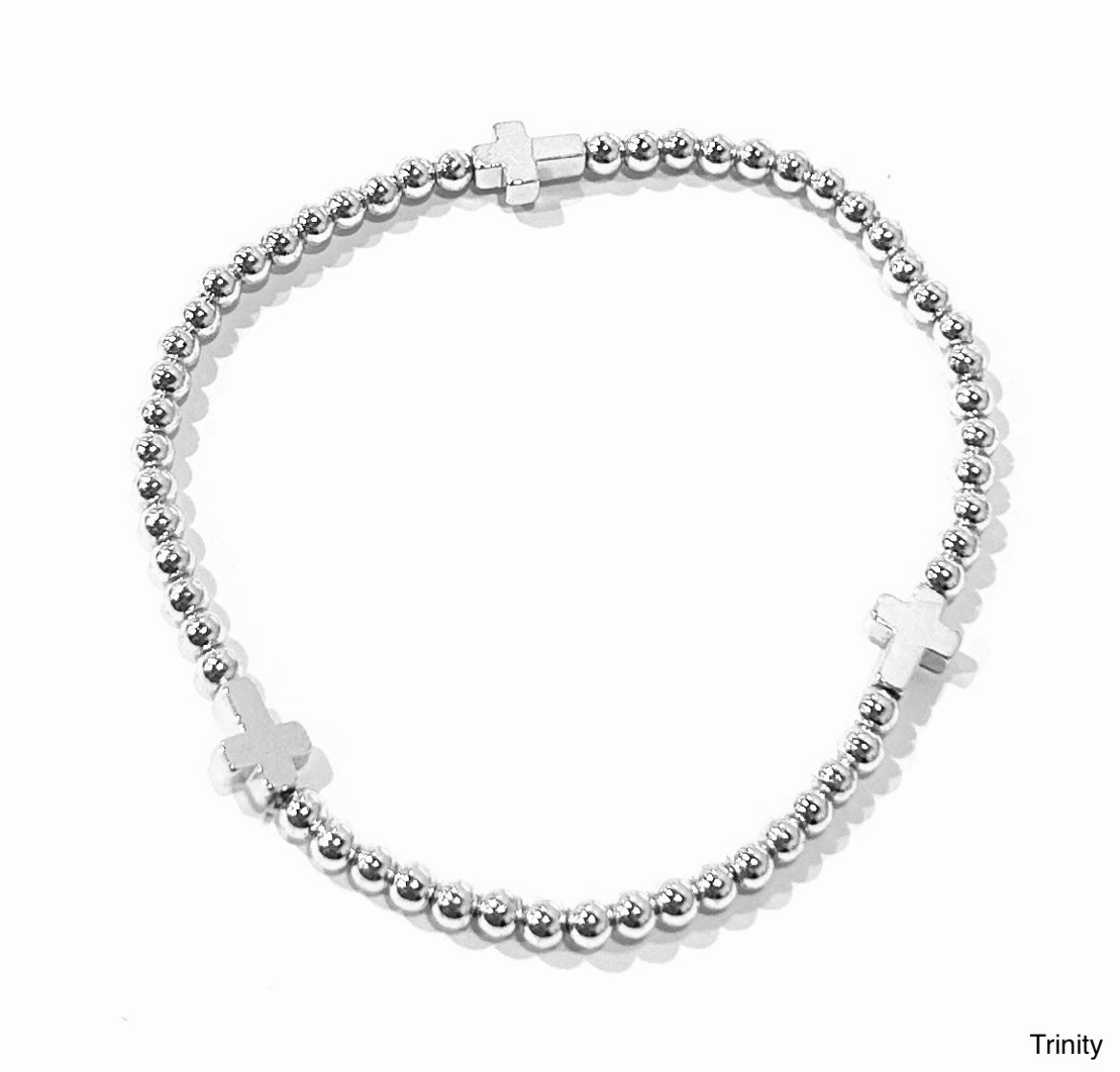 BB Lila Trinity Silver Beaded Stretch Bracelet with Cross Accents