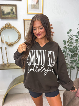 Pumpkin Szn Hallelujah SPLIT NECK Graphic Crewneck on Dark Chocolate