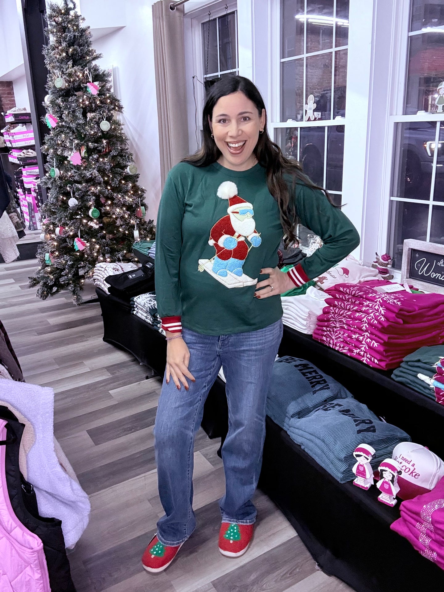 Grace + Emma Skiing Santa Green Long-Sleeve Top