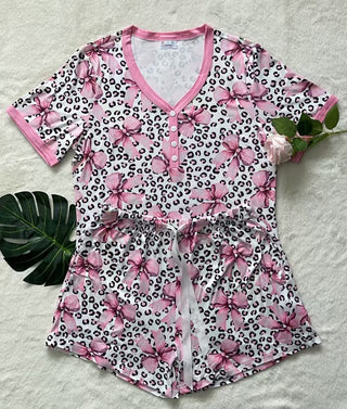 Shirley & Stone Pink Bow & Leopard Print Adult Pajama Short Set – Button V-Neck Top